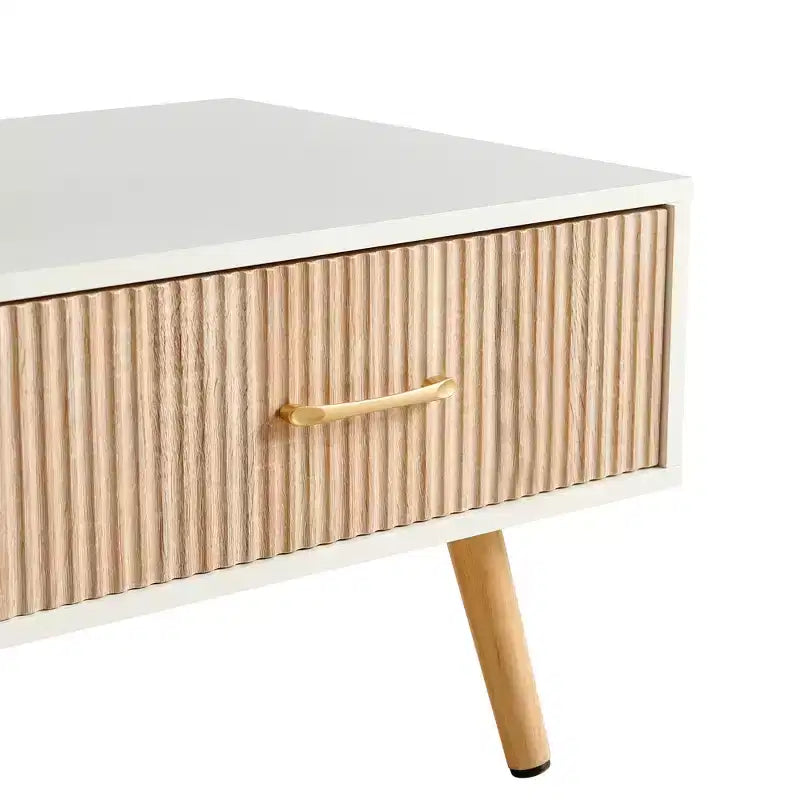 41W Couchtisch, Beistelltisch mit Schiebeschublade, Beinen aus Massivholz und verstellbaren PVC-Füßen, Natur/Weiß/Walnuss