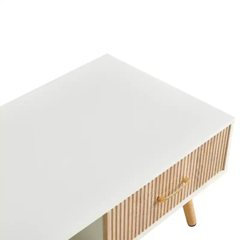 41W Couchtisch, Beistelltisch mit Schiebeschublade, Beinen aus Massivholz und verstellbaren PVC-Füßen, Natur/Weiß/Walnuss