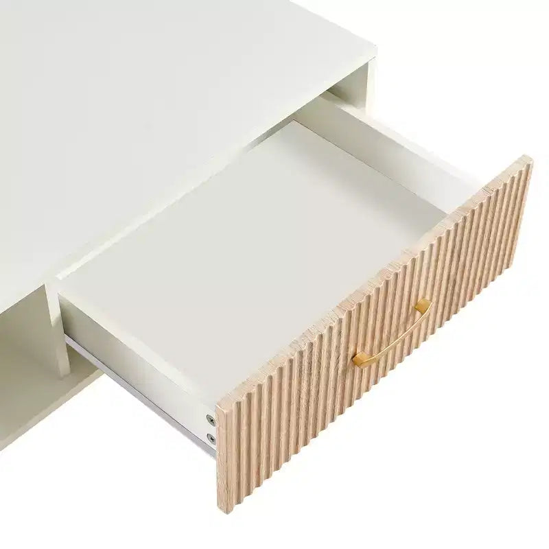 41W Couchtisch, Beistelltisch mit Schiebeschublade, Beinen aus Massivholz und verstellbaren PVC-Füßen, Natur/Weiß/Walnuss
