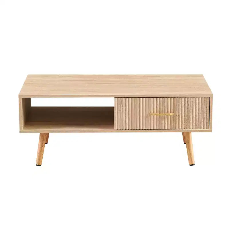 41W Couchtisch, Beistelltisch mit Schiebeschublade, Beinen aus Massivholz und verstellbaren PVC-Füßen, Natur/Weiß/Walnuss