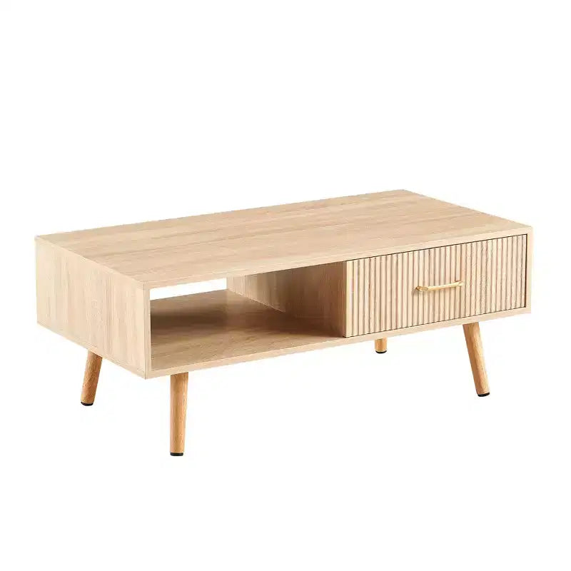 41W Couchtisch, Beistelltisch mit Schiebeschublade, Beinen aus Massivholz und verstellbaren PVC-Füßen, Natur/Weiß/Walnuss