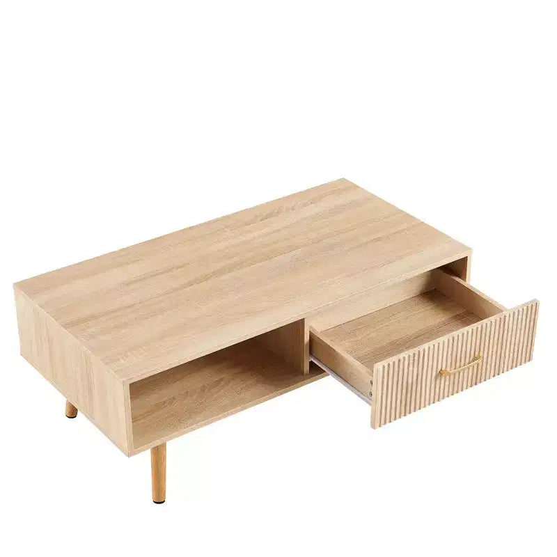 41W Couchtisch, Beistelltisch mit Schiebeschublade, Beinen aus Massivholz und verstellbaren PVC-Füßen, Natur/Weiß/Walnuss