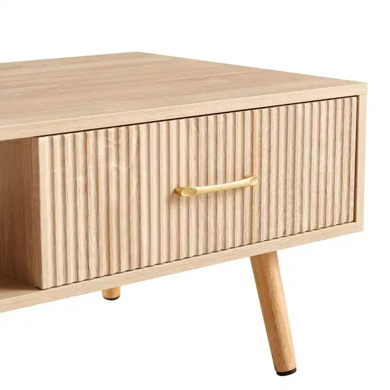 41W Couchtisch, Beistelltisch mit Schiebeschublade, Beinen aus Massivholz und verstellbaren PVC-Füßen, Natur/Weiß/Walnuss