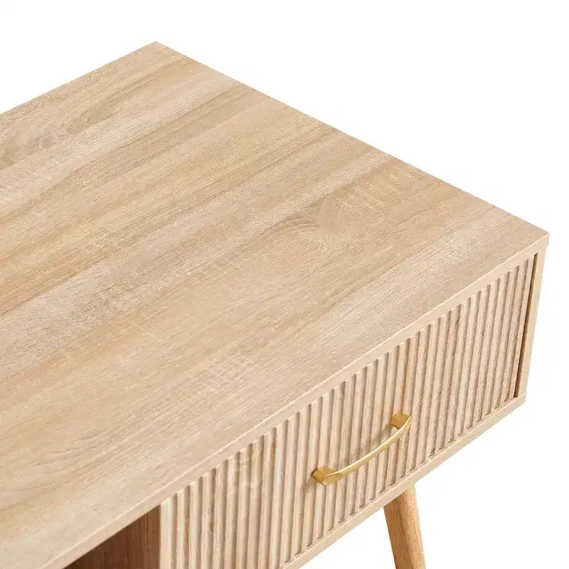 41W Couchtisch, Beistelltisch mit Schiebeschublade, Beinen aus Massivholz und verstellbaren PVC-Füßen, Natur/Weiß/Walnuss
