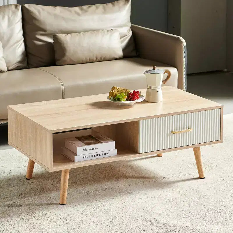 41W Couchtisch, Beistelltisch mit Schiebeschublade, Beinen aus Massivholz und verstellbaren PVC-Füßen, Natur/Weiß/Walnuss