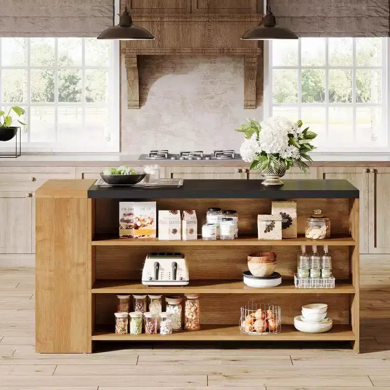 Îlot de cuisine de 55 avec 5 étagères, îlot fixe de style rustique à 5 niveaux, table de bar en bois avec armoire de rangement et plan de travail