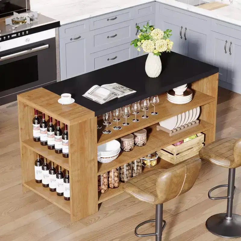 Îlot de cuisine de 55 avec 5 étagères, îlot fixe de style rustique à 5 niveaux, table de bar en bois avec armoire de rangement et plan de travail