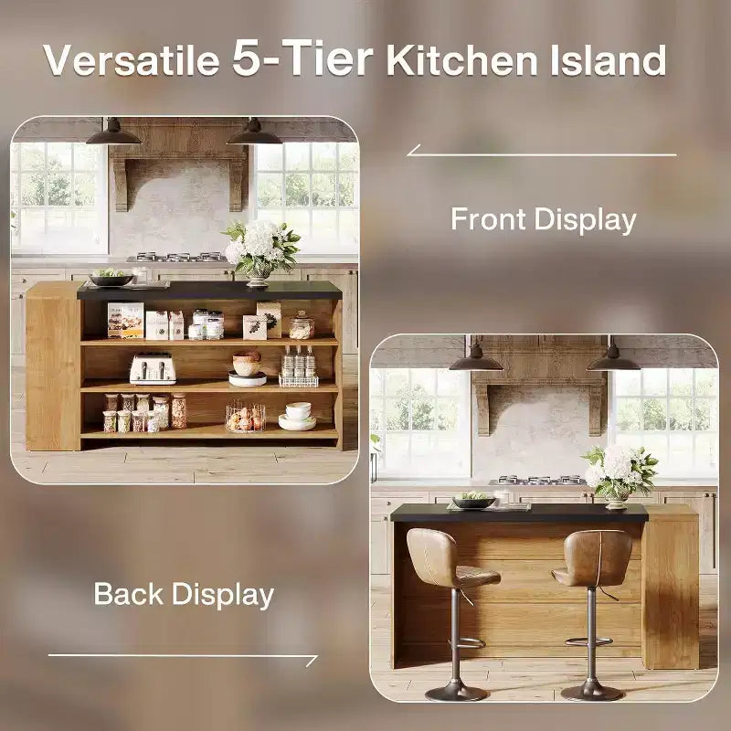 Îlot de cuisine de 55 avec 5 étagères, îlot fixe de style rustique à 5 niveaux, table de bar en bois avec armoire de rangement et plan de travail