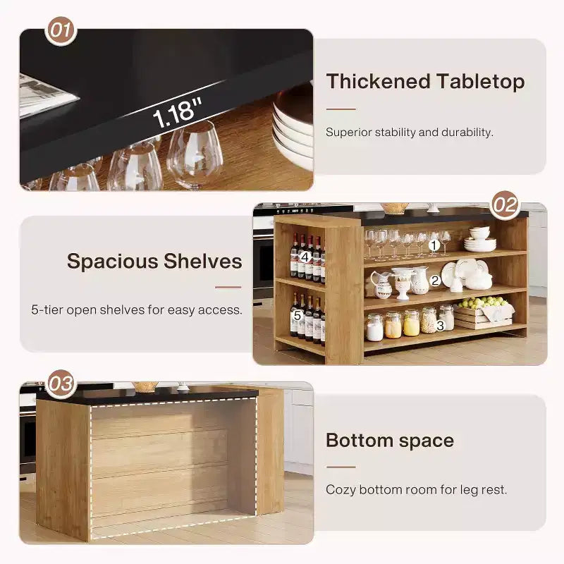 Îlot de cuisine de 55 avec 5 étagères, îlot fixe de style rustique à 5 niveaux, table de bar en bois avec armoire de rangement et plan de travail