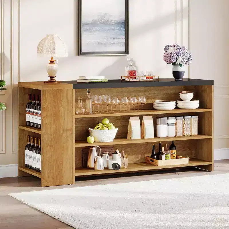 Îlot de cuisine de 55 avec 5 étagères, îlot fixe de style rustique à 5 niveaux, table de bar en bois avec armoire de rangement et plan de travail