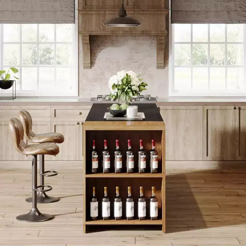Îlot de cuisine de 55 avec 5 étagères, îlot fixe de style rustique à 5 niveaux, table de bar en bois avec armoire de rangement et plan de travail