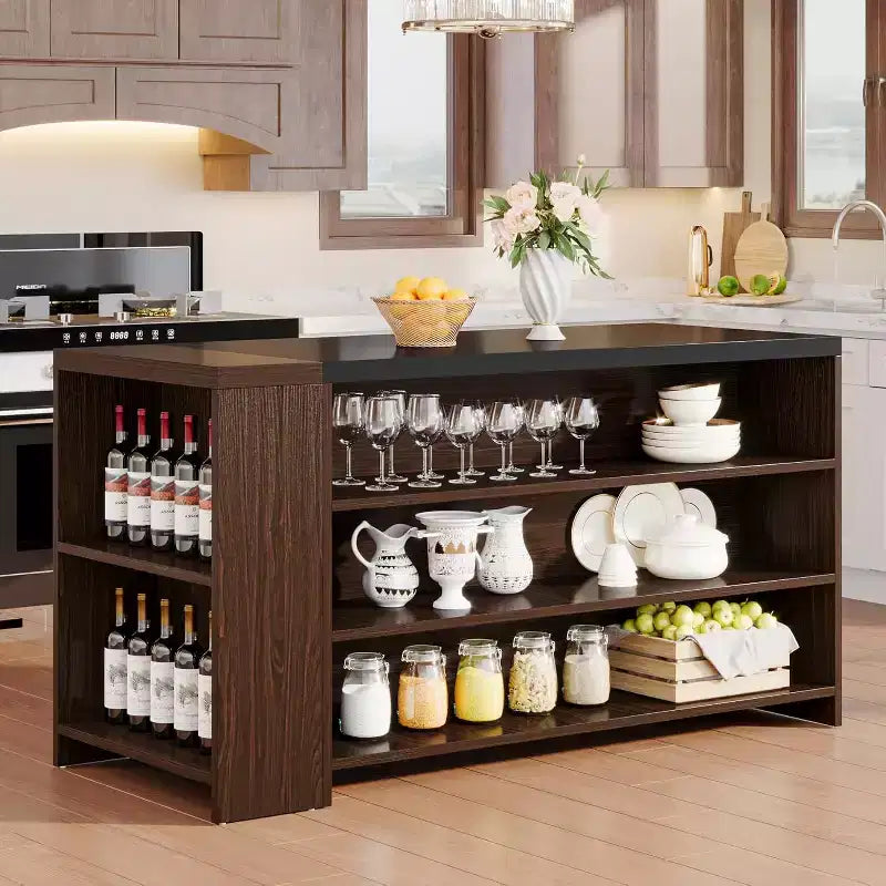 Îlot de cuisine de 55 avec 5 étagères, îlot fixe de style rustique à 5 niveaux, table de bar en bois avec armoire de rangement et plan de travail