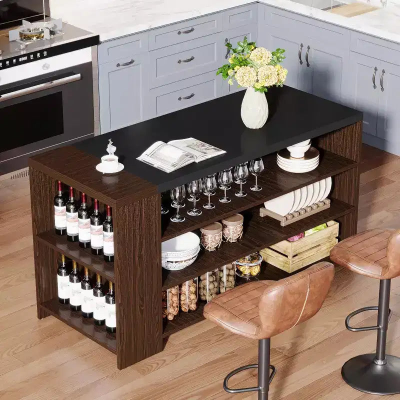 Îlot de cuisine de 55 avec 5 étagères, îlot fixe de style rustique à 5 niveaux, table de bar en bois avec armoire de rangement et plan de travail