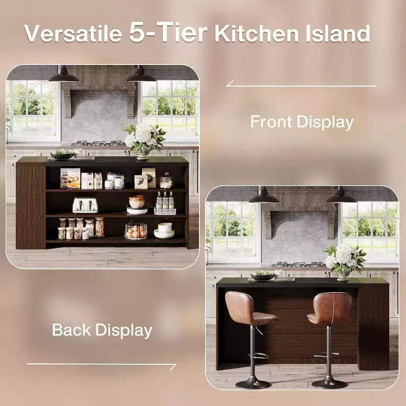 Îlot de cuisine de 55 avec 5 étagères, îlot fixe de style rustique à 5 niveaux, table de bar en bois avec armoire de rangement et plan de travail