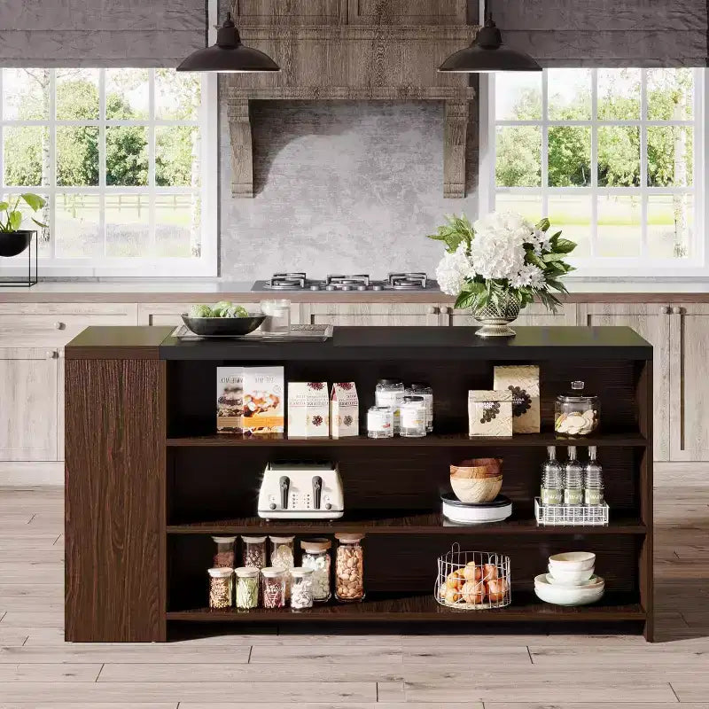 Îlot de cuisine de 55 avec 5 étagères, îlot fixe de style rustique à 5 niveaux, table de bar en bois avec armoire de rangement et plan de travail