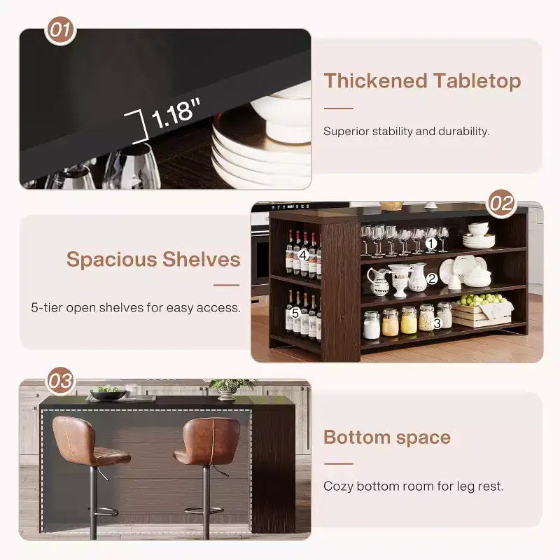 Îlot de cuisine de 55 avec 5 étagères, îlot fixe de style rustique à 5 niveaux, table de bar en bois avec armoire de rangement et plan de travail