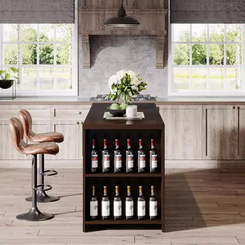 Îlot de cuisine de 55 avec 5 étagères, îlot fixe de style rustique à 5 niveaux, table de bar en bois avec armoire de rangement et plan de travail