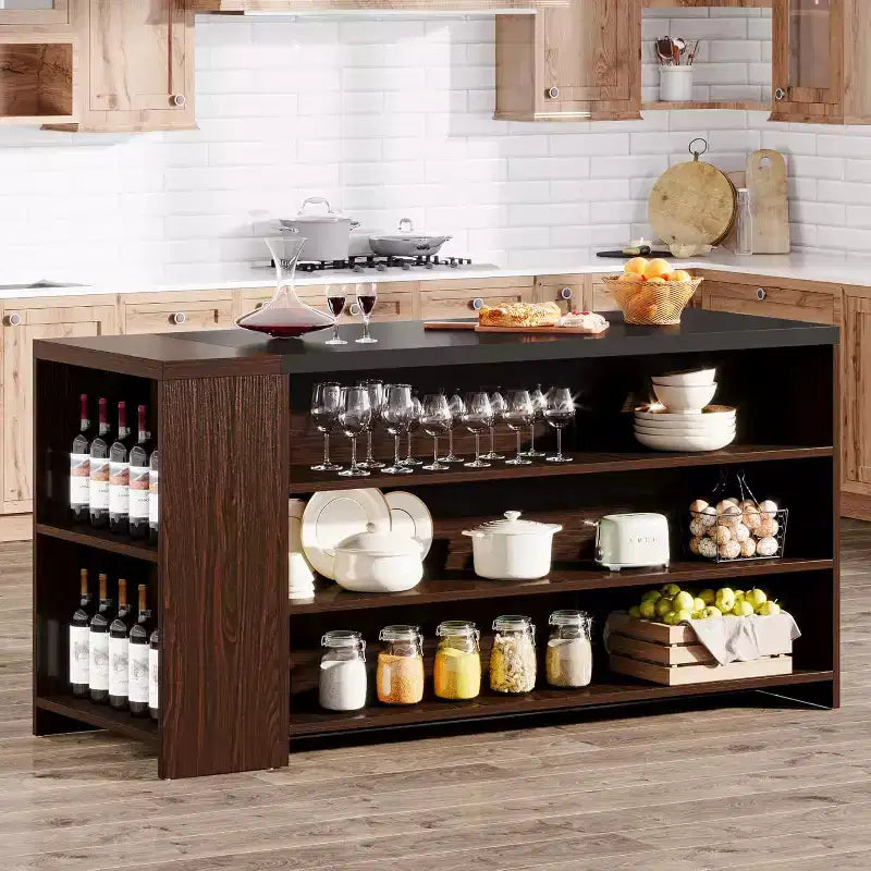 Îlot de cuisine de 55 avec 5 étagères, îlot fixe de style rustique à 5 niveaux, table de bar en bois avec armoire de rangement et plan de travail