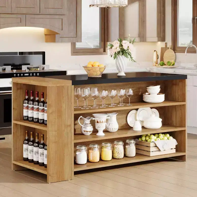 Isla de cocina de 55 con 5 estantes, isla fija de 5 niveles estilo granja, mesa de bar de madera con gabinete de almacenamiento y encimera