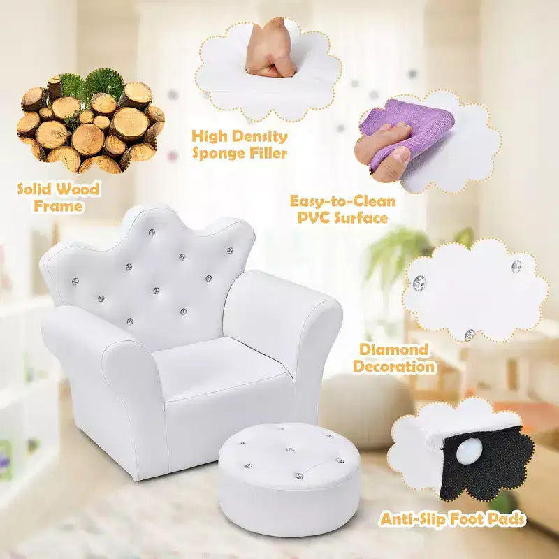 Sofá infantil para niños pequeños, sillón princesa con otomana, regalo para niños, blanco/rosa