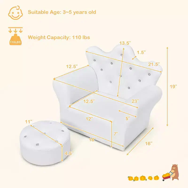 Sofá infantil para niños pequeños, sillón princesa con otomana, regalo para niños, blanco/rosa