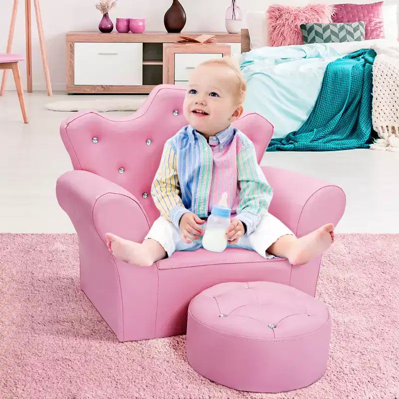 Canapé pour enfant, fauteuil princesse pour tout-petit, cadeau pour enfant avec pouf, blanc/rose