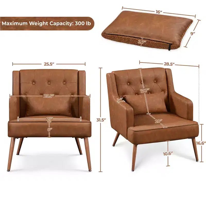 Lot de 2 fauteuils d'appoint modernes capitonnés à boutons avec soutien lombaire, marron rétro