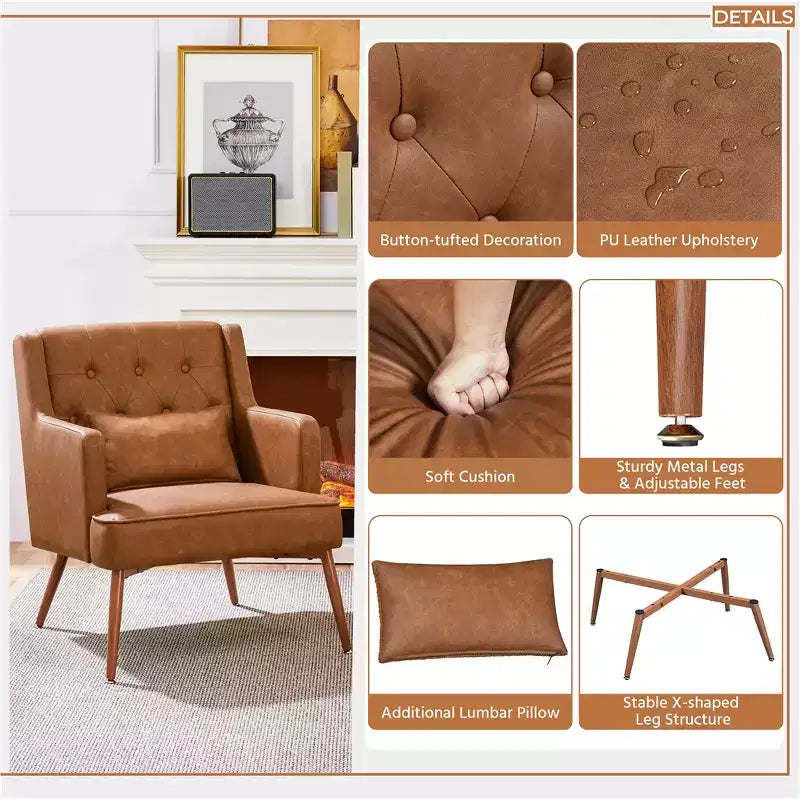 Lot de 2 fauteuils d'appoint modernes capitonnés à boutons avec soutien lombaire, marron rétro