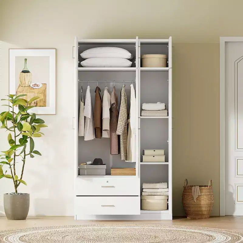 Armario ropero de madera con 3 puertas y espejo, 2 cajones, estantes, barra para colgar ropa y gabinete superior
