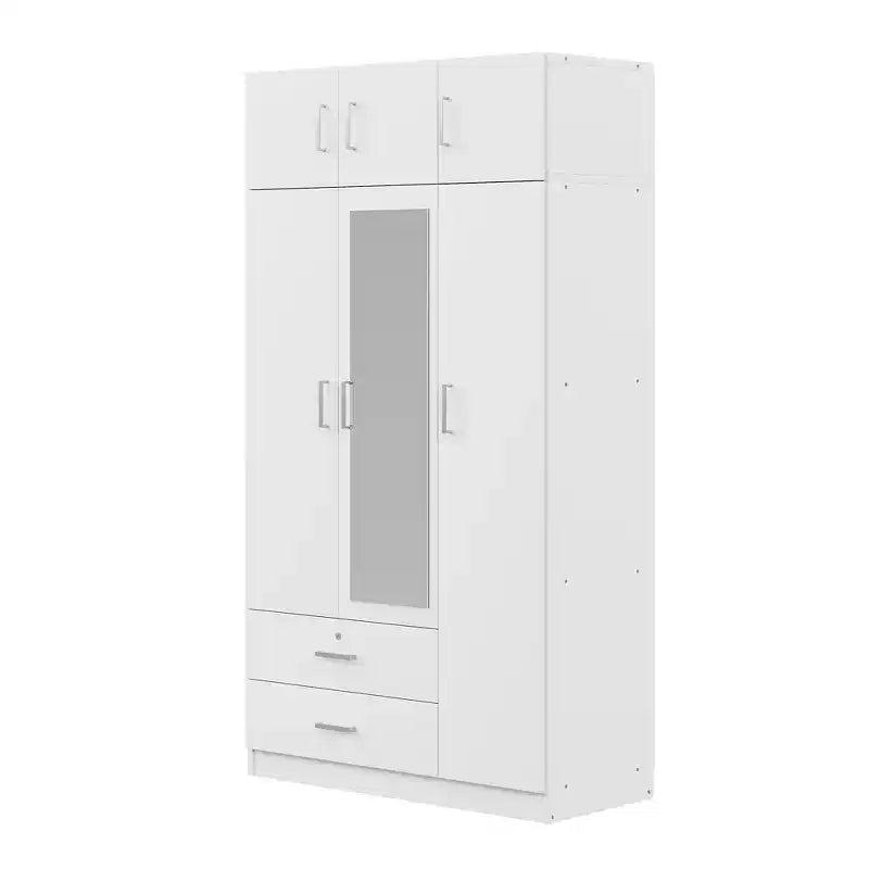 Armario ropero de madera con 3 puertas y espejo, 2 cajones, estantes, barra para colgar ropa y gabinete superior