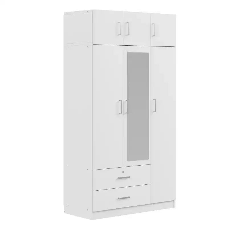 Armario ropero de madera con 3 puertas y espejo, 2 cajones, estantes, barra para colgar ropa y gabinete superior