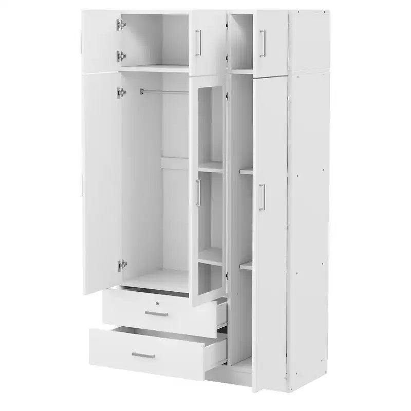 Armario ropero de madera con 3 puertas y espejo, 2 cajones, estantes, barra para colgar ropa y gabinete superior