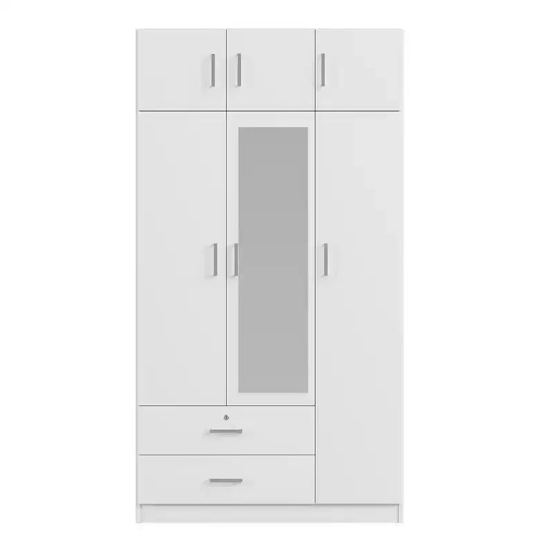 Armario ropero de madera con 3 puertas y espejo, 2 cajones, estantes, barra para colgar ropa y gabinete superior