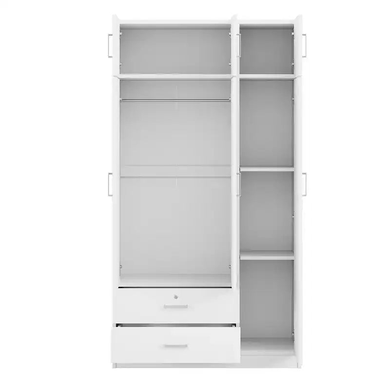 Armario ropero de madera con 3 puertas y espejo, 2 cajones, estantes, barra para colgar ropa y gabinete superior