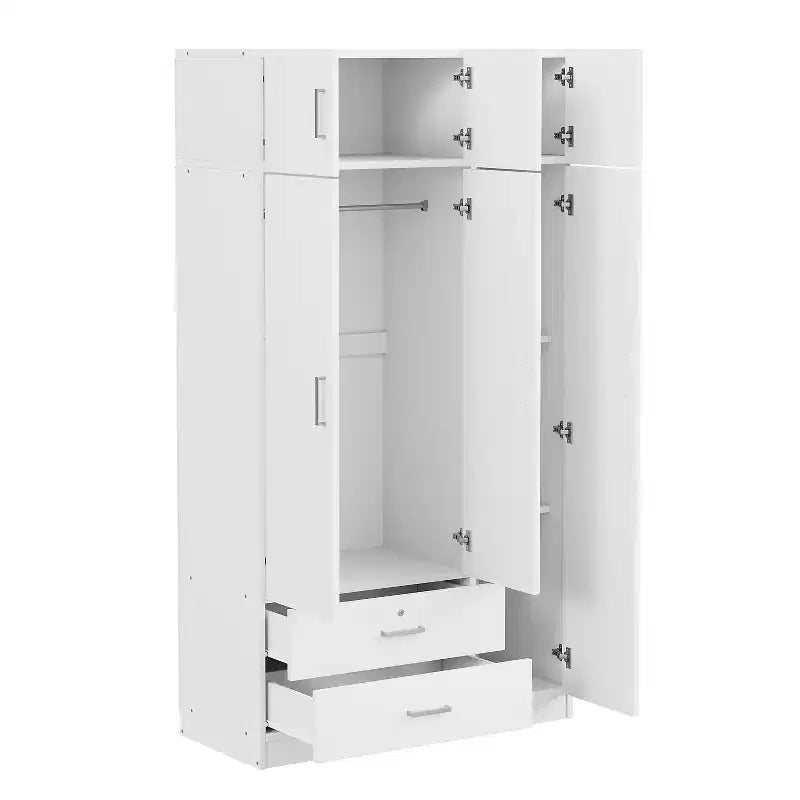 Armario ropero de madera con 3 puertas y espejo, 2 cajones, estantes, barra para colgar ropa y gabinete superior