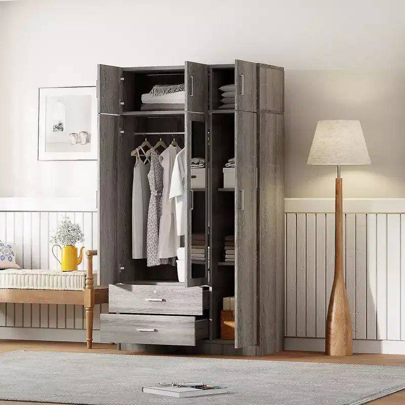 Armario ropero de madera con 3 puertas y espejo, 2 cajones, estantes, barra para colgar ropa y gabinete superior