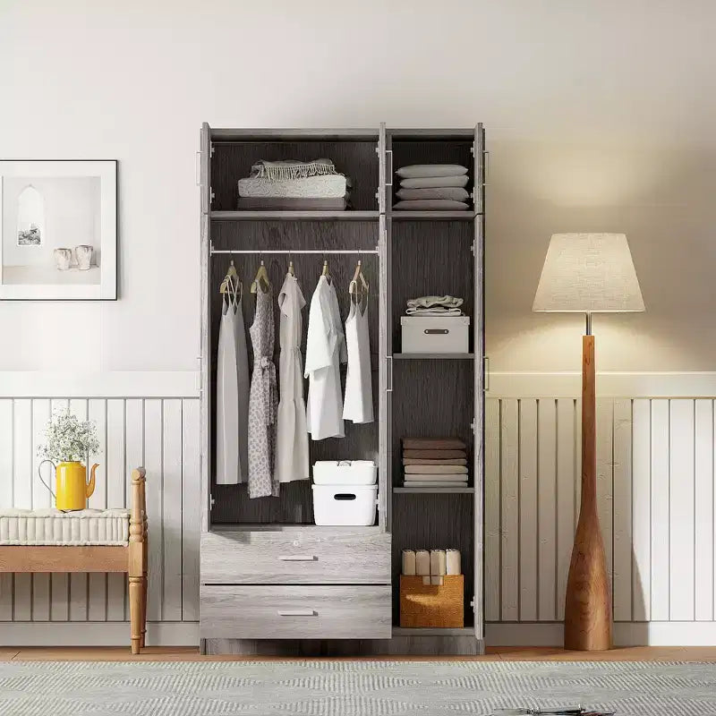 Armario ropero de madera con 3 puertas y espejo, 2 cajones, estantes, barra para colgar ropa y gabinete superior