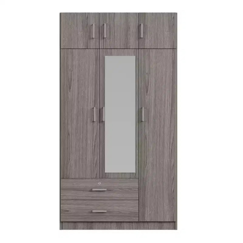 Holzkleiderschrank mit 3 Türen und Spiegel, 2 Schubladen, Regalen, Kleiderstange und oberem Schrankfach