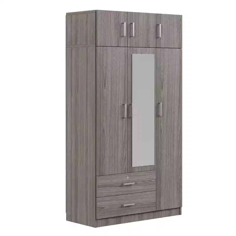 Armario ropero de madera con 3 puertas y espejo, 2 cajones, estantes, barra para colgar ropa y gabinete superior