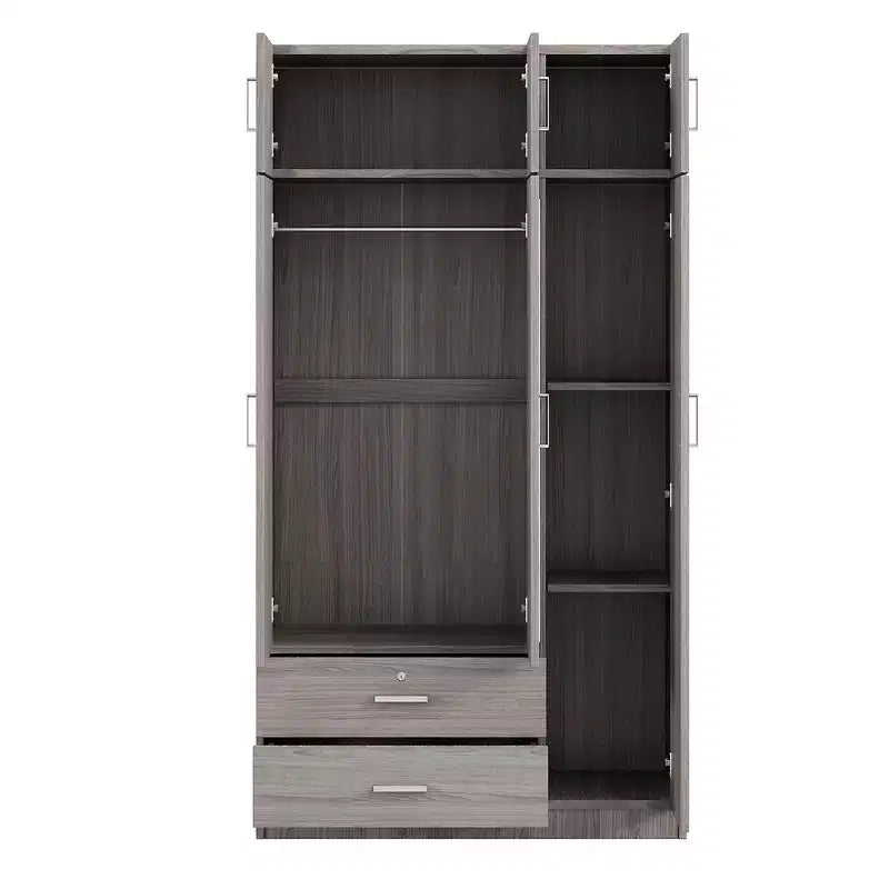 Armario ropero de madera con 3 puertas y espejo, 2 cajones, estantes, barra para colgar ropa y gabinete superior
