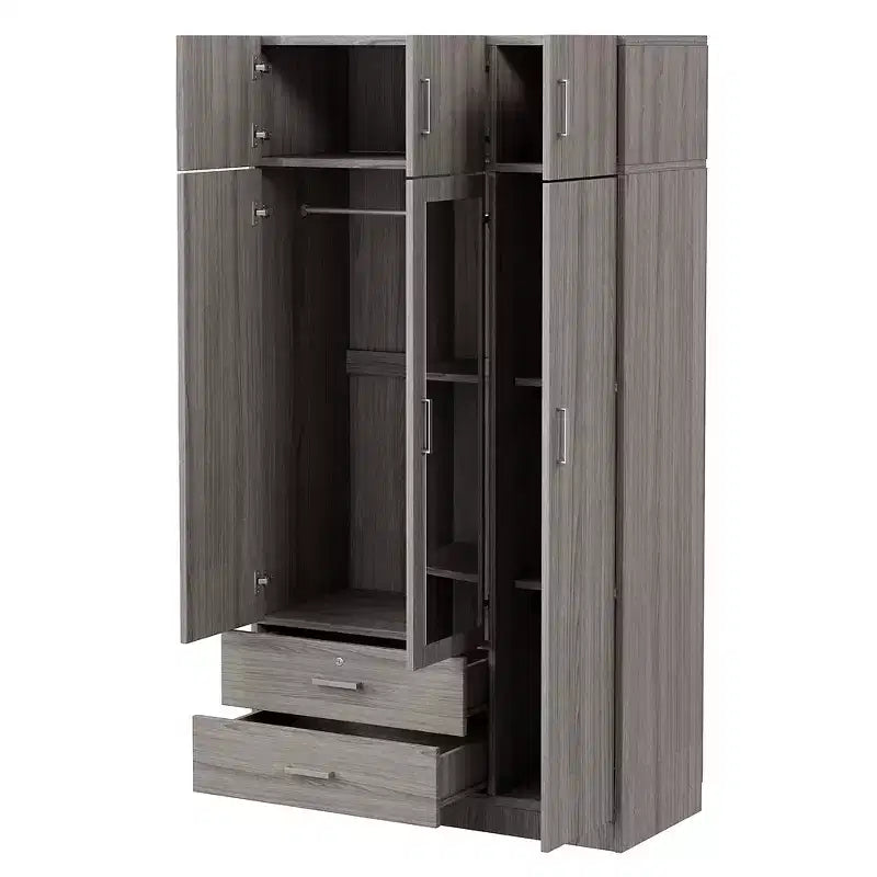 Armario ropero de madera con 3 puertas y espejo, 2 cajones, estantes, barra para colgar ropa y gabinete superior