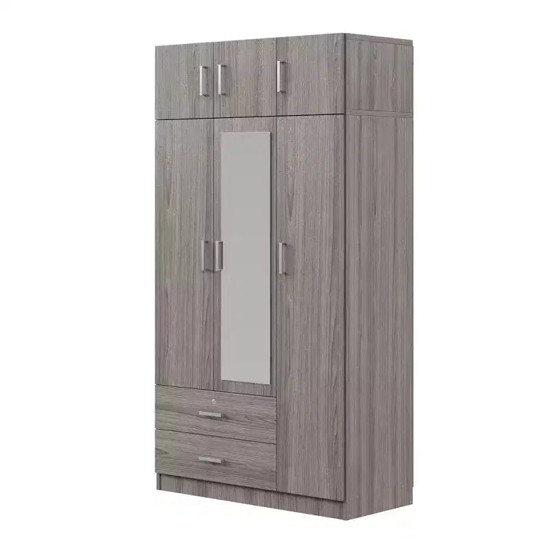 Armario ropero de madera con 3 puertas y espejo, 2 cajones, estantes, barra para colgar ropa y gabinete superior