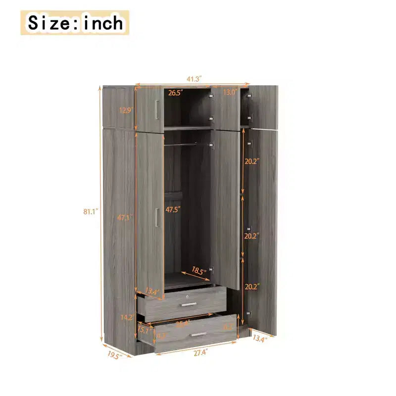Armario ropero de madera con 3 puertas y espejo, 2 cajones, estantes, barra para colgar ropa y gabinete superior