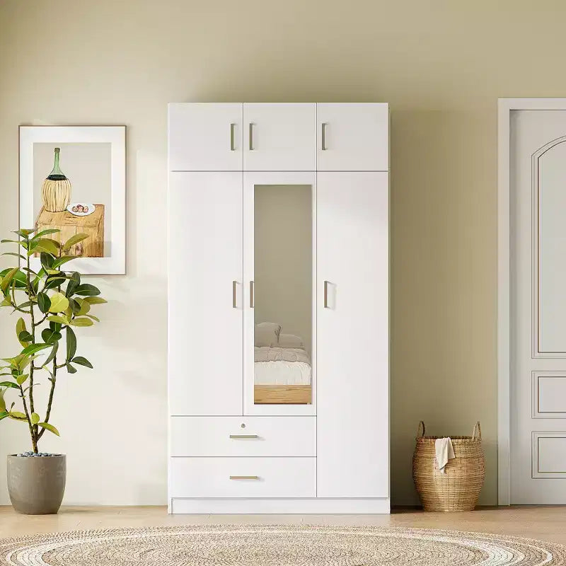 Holzkleiderschrank mit 3 Türen und Spiegel, 2 Schubladen, Regalen, Kleiderstange und oberem Schrankfach