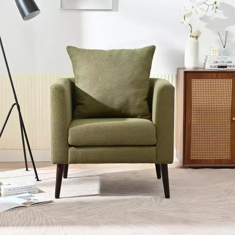 Sillón decorativo tapizado de chenilla/peluche de 29.53W, sillón tipo barril con patas de madera maciza y cojín lumbar