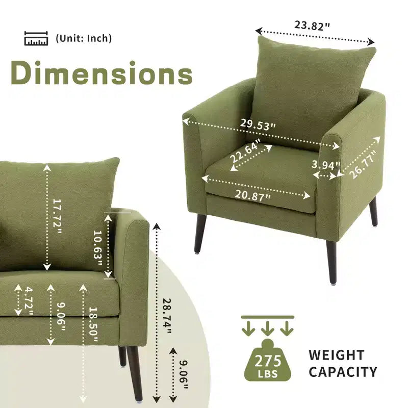 Sillón decorativo tapizado de chenilla/peluche de 29.53W, sillón tipo barril con patas de madera maciza y cojín lumbar