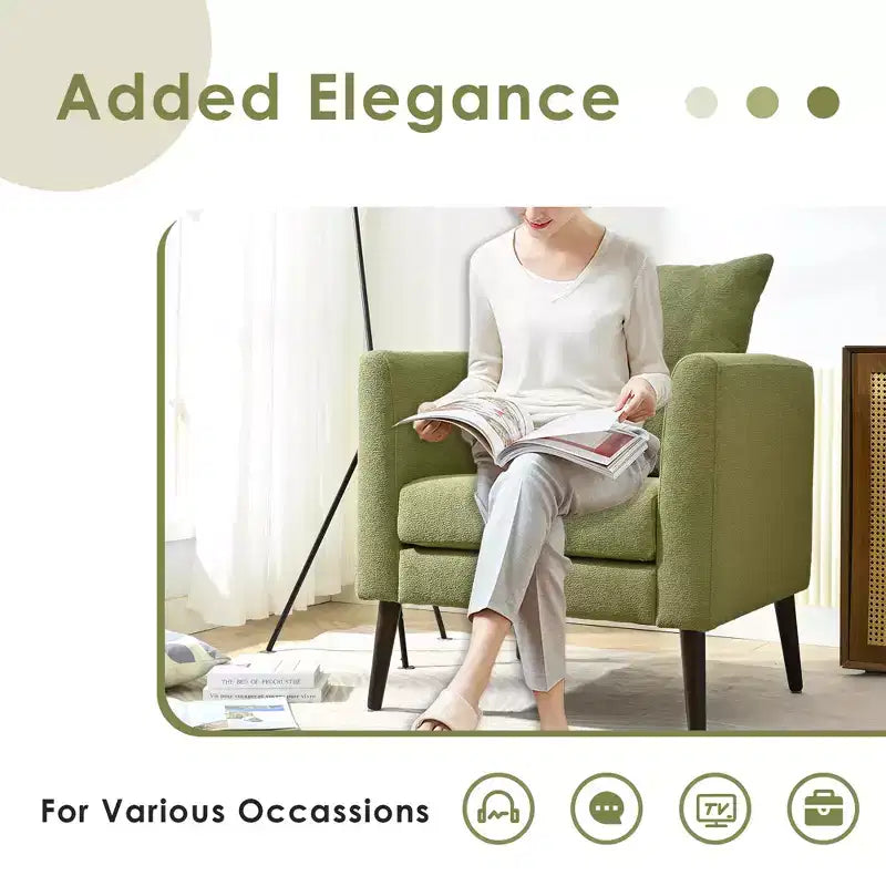 Sillón decorativo tapizado de chenilla/peluche de 29.53W, sillón tipo barril con patas de madera maciza y cojín lumbar