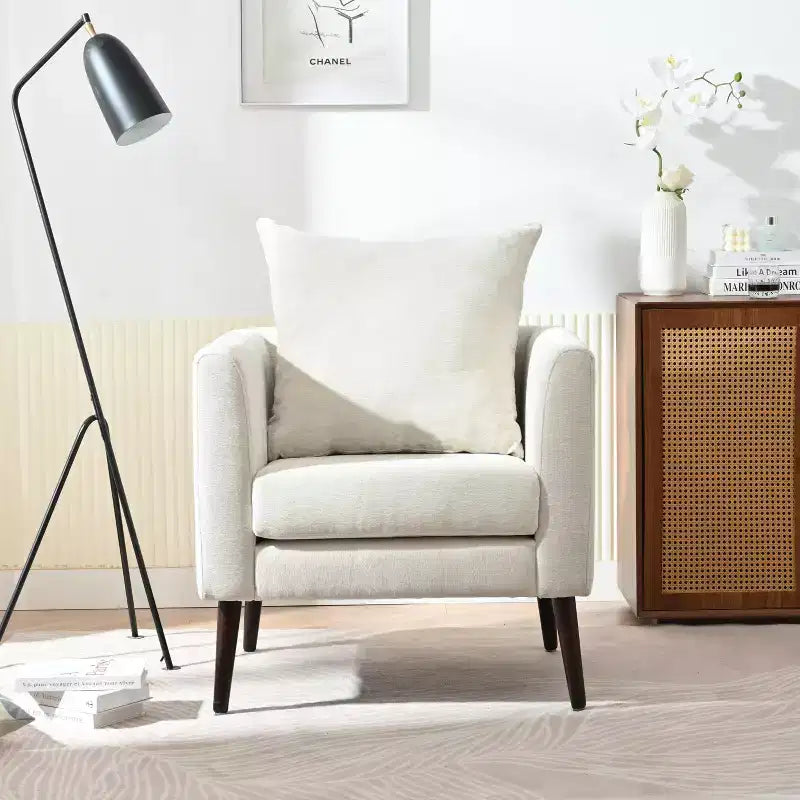 Fauteuil d’appoint en chenille/tissu teddy de 29.53W, fauteuil tonneau avec pieds en bois massif et coussin lombaire