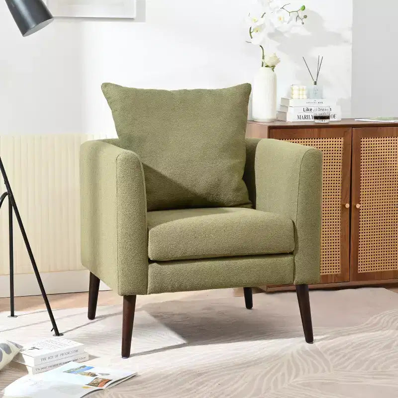 Sillón decorativo tapizado de chenilla/peluche de 29.53W, sillón tipo barril con patas de madera maciza y cojín lumbar