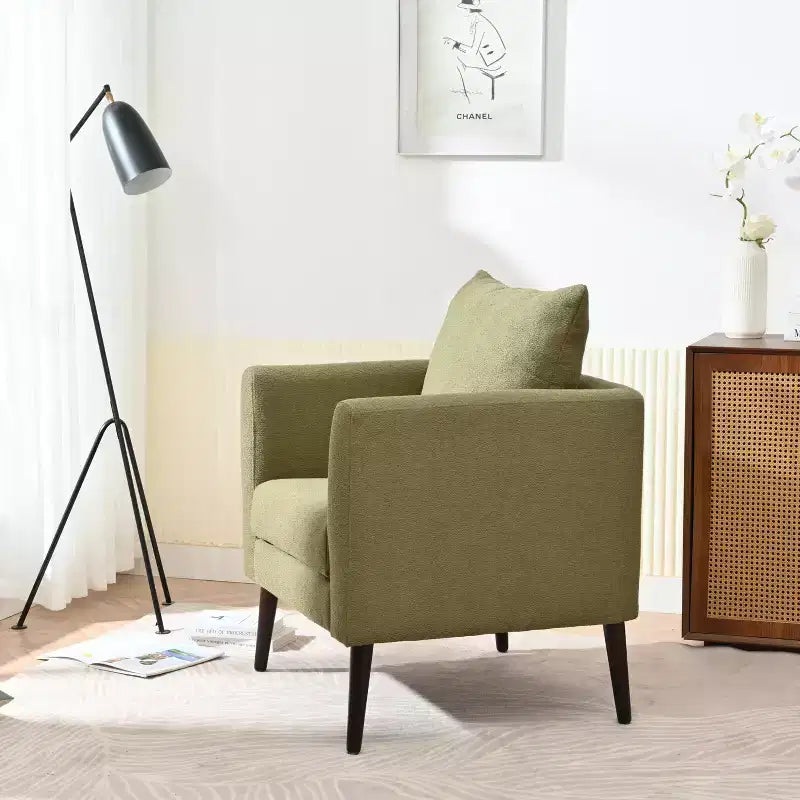 Sillón decorativo tapizado de chenilla/peluche de 29.53W, sillón tipo barril con patas de madera maciza y cojín lumbar